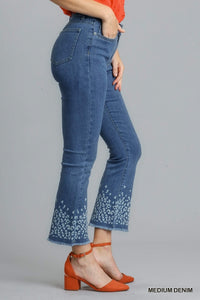 Umgee Cropped Flare Jean with Animal Print Detail