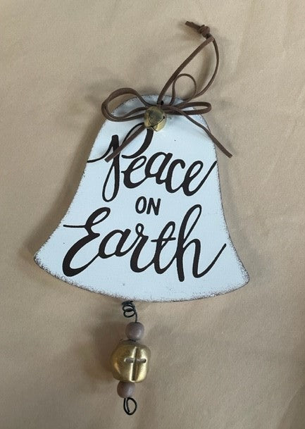White Wood Bell Ornmt-Peace Earth