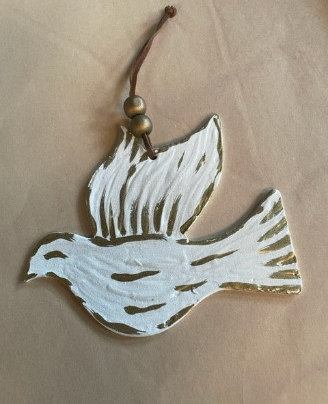 Gold and White Wood Dove Ornament