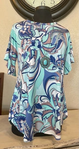 Short Sleeve Floral Tunic - Mixed Blues & White