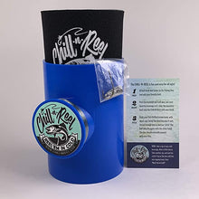Load image into Gallery viewer, Chill-N-Reel Fishing Can Cooler with Hand Line Reel Attached | Hard Shell Drink Holder Fits Any Standard Insulator Sleeve or Coozie | Unique Fun Fishing Gift (Blue)
