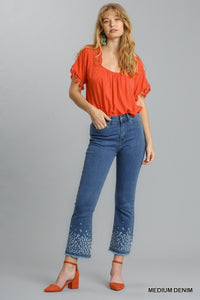 Umgee Cropped Flare Jean with Animal Print Detail