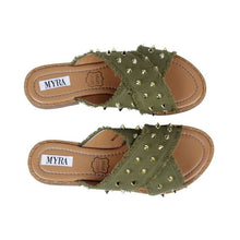 Load image into Gallery viewer, &quot;Fluff&quot; Studded Dark Olive Slides by Myra
